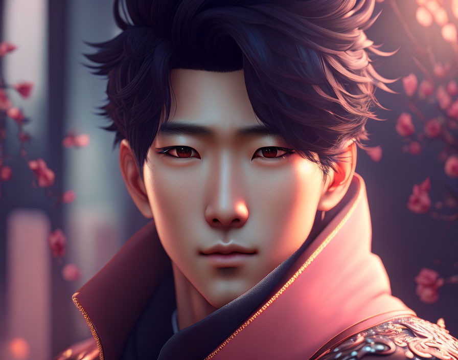 Stylized male digital portrait with detailed hair and cherry blossoms