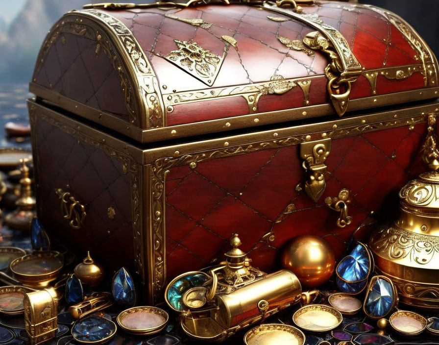 Luxurious treasure chest with jewels and gold on reflective surface