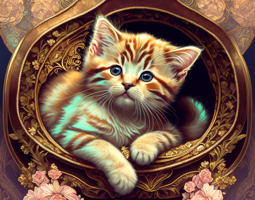 Orange Tabby Kitten with Blue Eyes in Floral Frame