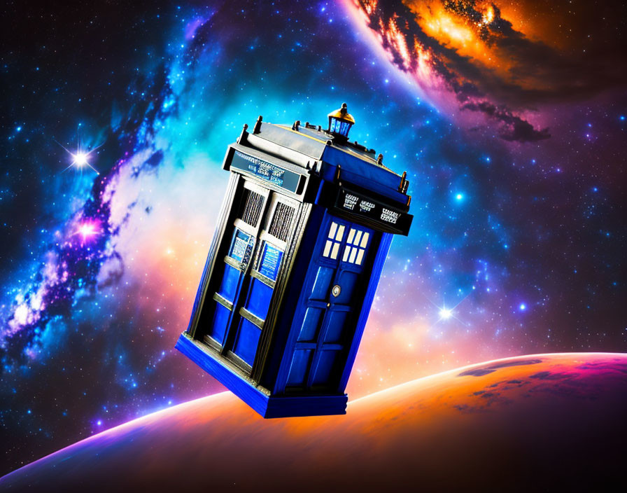 Blue Police-Box-Style Time Machine in Space with Cosmic Backdrop