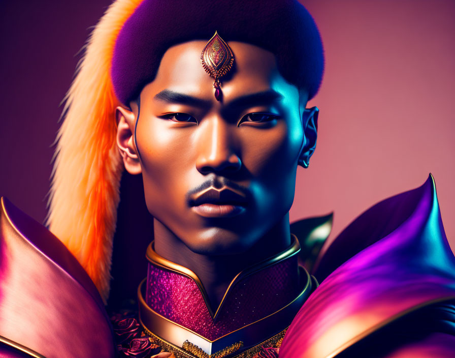 Colorful portrait of a man with adorned forehead piece and shoulder armor on purple background