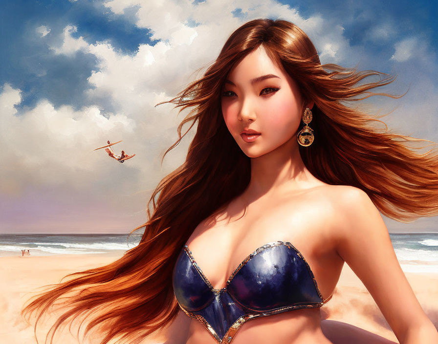 Illustrated woman with flowing hair on sunny beach with kites and people.