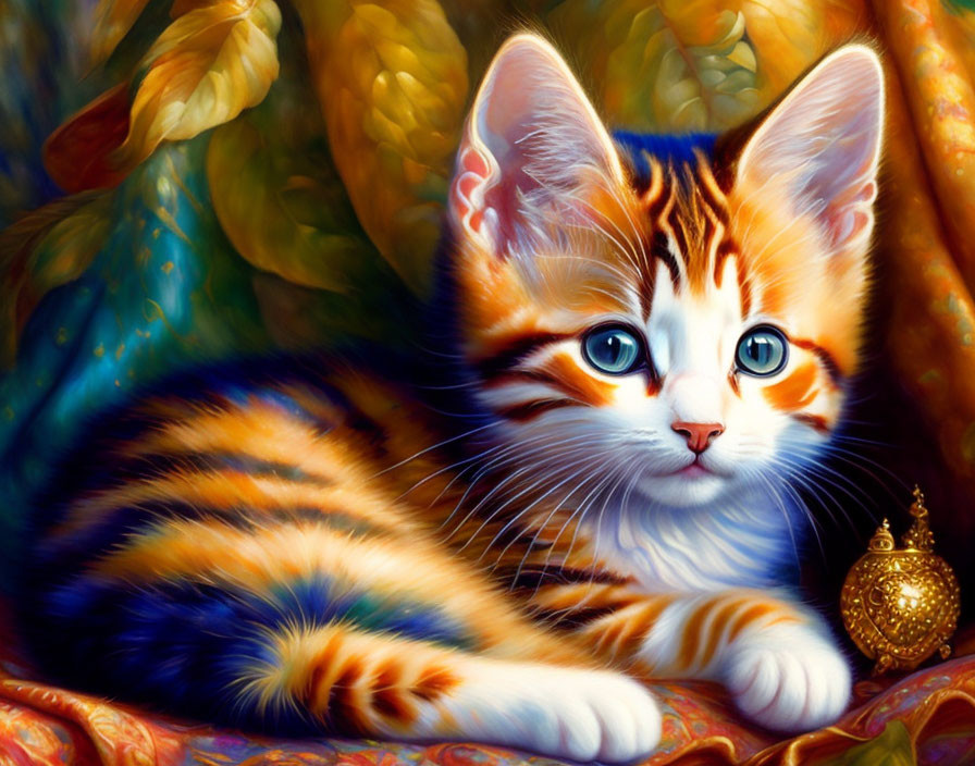 Vibrant digital painting of cute kitten with blue eyes and orange fur next to golden object