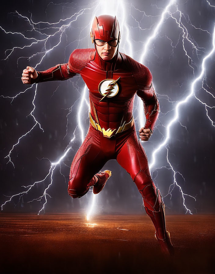 Dynamic Flash superhero in red and yellow costume running amid intense lightning