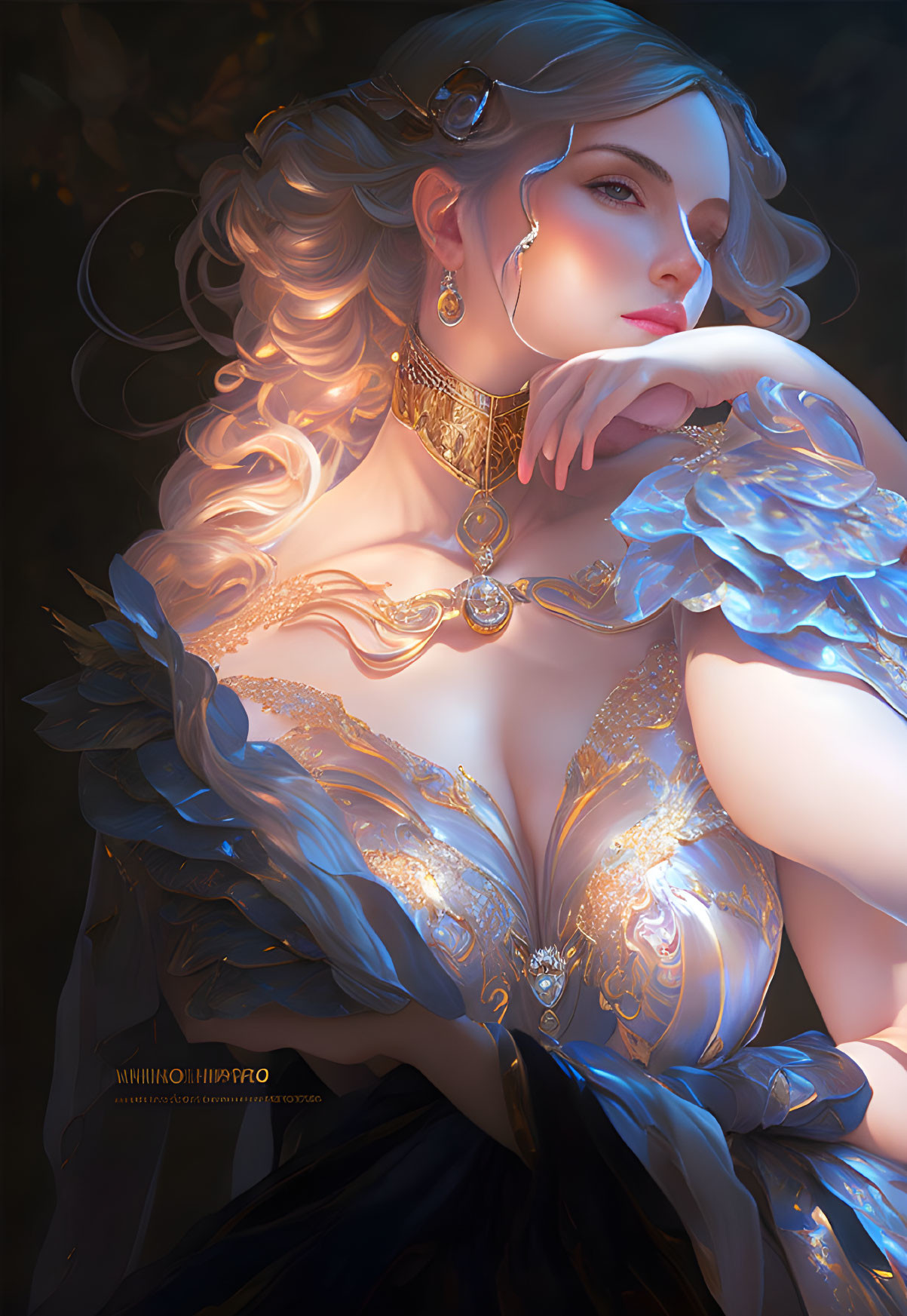 Fantasy character adorned with opulent golden jewelry and detailed high-neck collar, gazing thoughtfully in