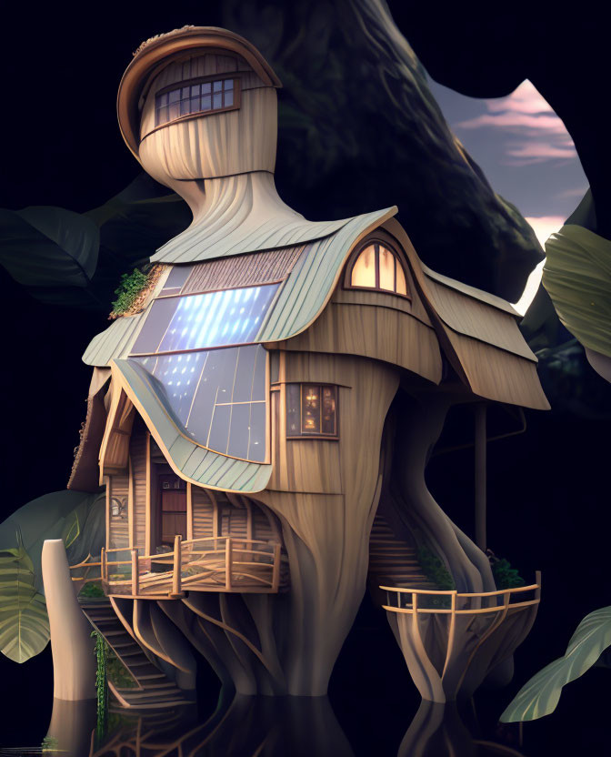 Curved roof treehouse with large windows in leafy setting at dusk