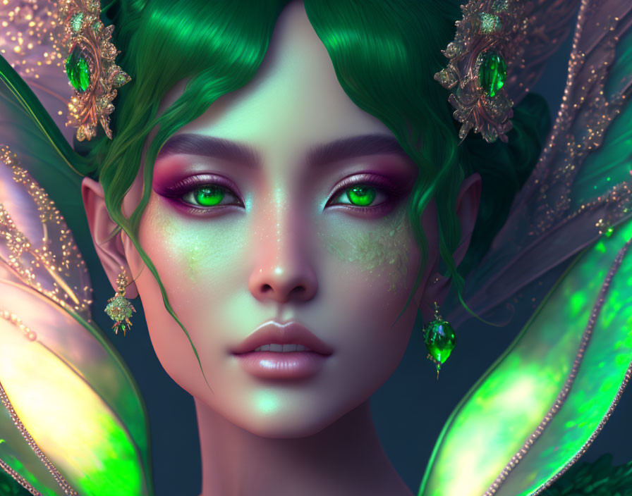 Fantasy character with green hair, emerald eyes, and butterfly wings