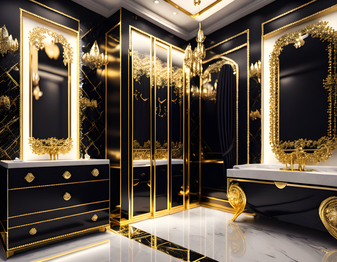 Opulent bathroom with marble floors, gold accents, ornate mirrors, sleek bathtub, and black vanity