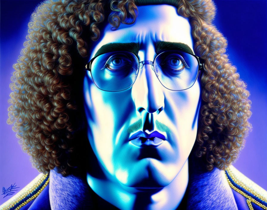 Colorful portrait of a man with curly hair and round glasses on blue background