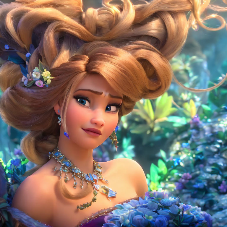 Animated character with voluminous, curly blonde hair and floral accessories in a lush blue flower setting.