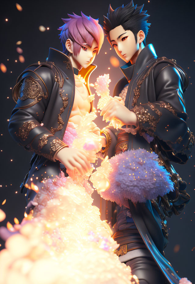 Purple and blue-haired animated characters in black ornate outfits surrounded by glowing flowers and floating embers