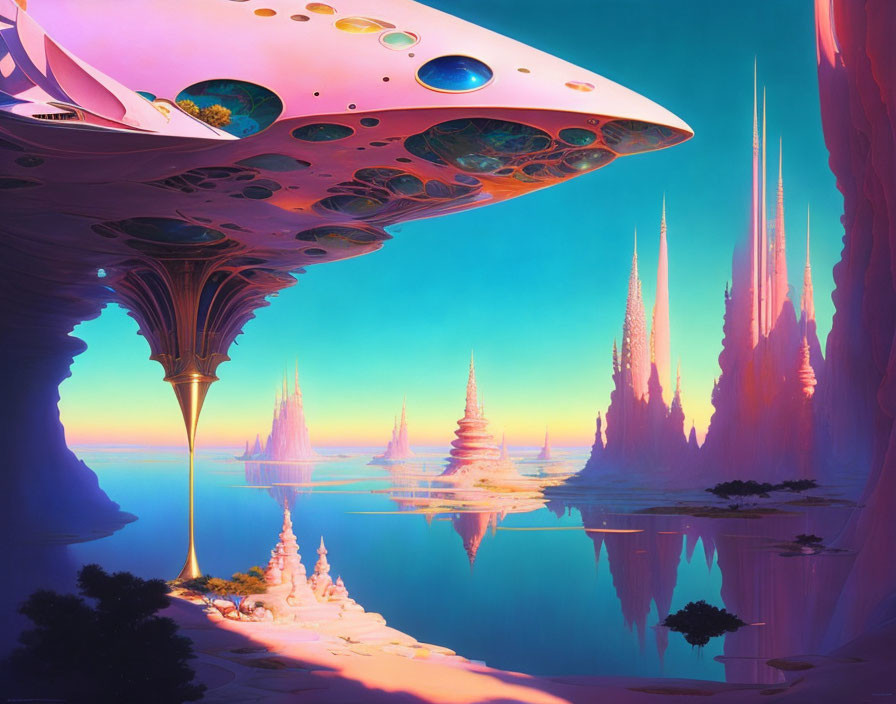 Futuristic cityscape in vibrant otherworldly landscape