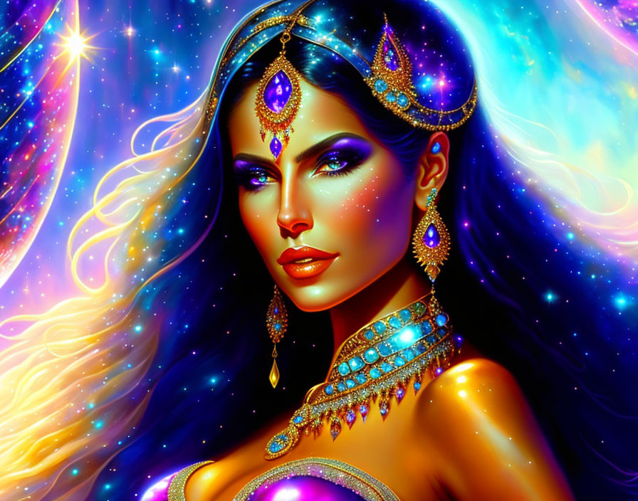 Vibrant digital art: Woman with blue eyes, gold accessories, cosmic backdrop