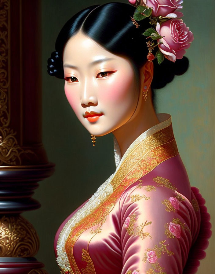 Portrait of woman with elegant floral hairstyle in pink traditional dress