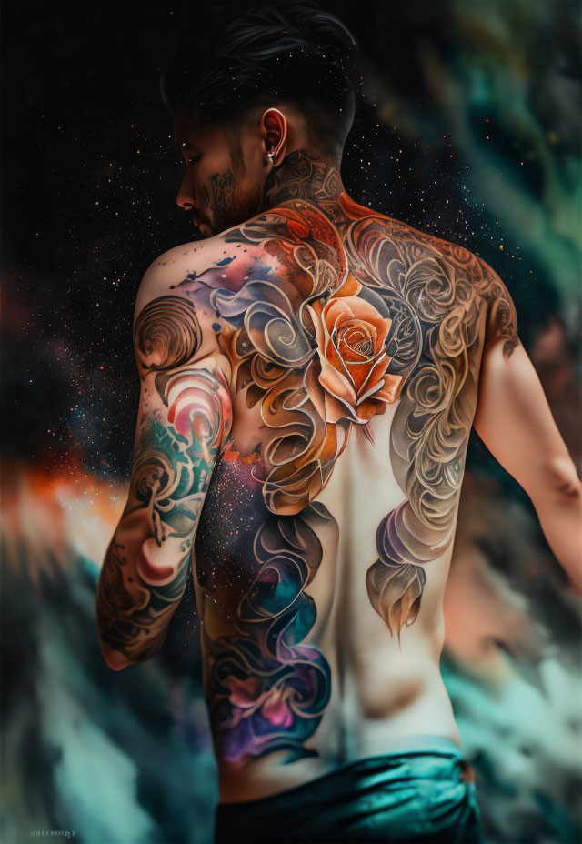 Colorful Back Tattoo with Central Rose and Swirling Patterns