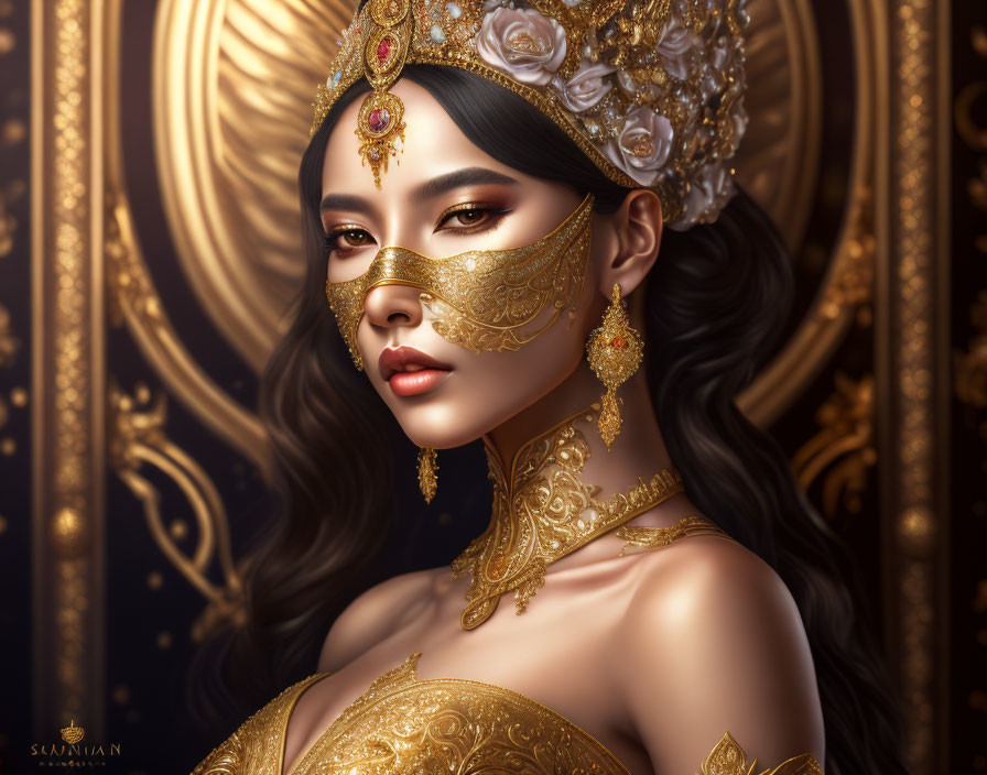 Elegant woman in golden mask and headdress with white roses on dark background