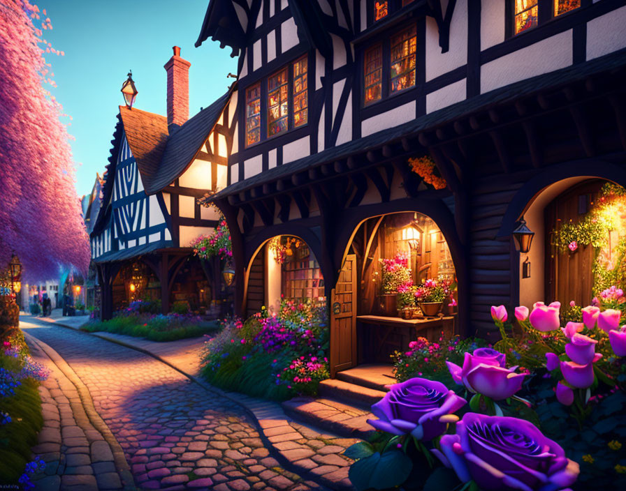 Charming Tudor-style houses on cobblestone street at dusk