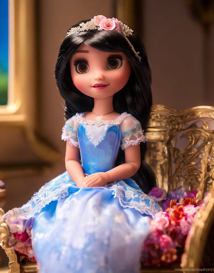 Doll with large eyes in blue dress and floral tiara on golden chair surrounded by flowers