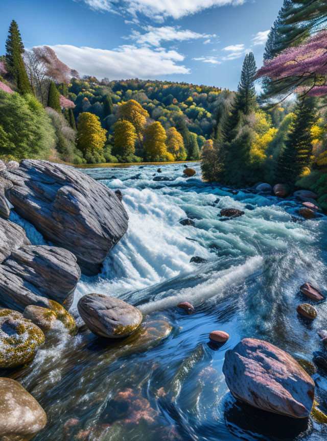 Colorful Forest River with Frothy Rapids and Autumnal Hues