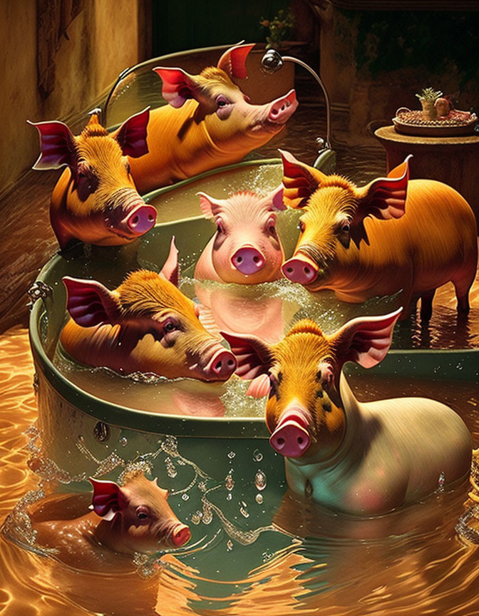 Whimsical digital artwork: Seven pigs in bubble bath overflow