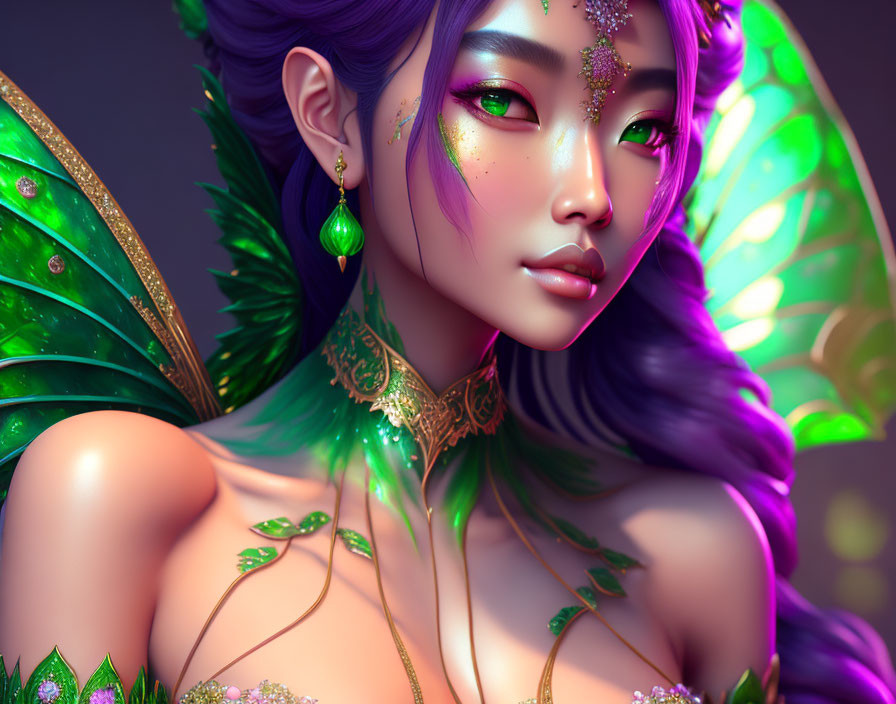 Fantasy digital artwork: Female character with purple hair and iridescent butterfly wings