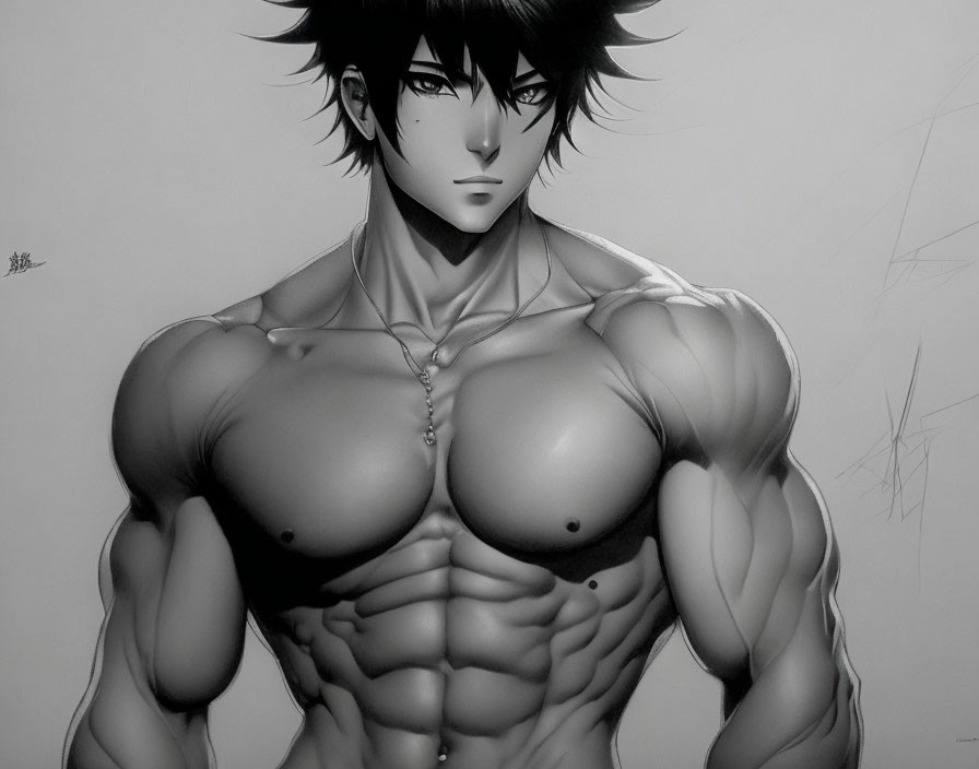 Muscular anime-style male character in monochrome drawing