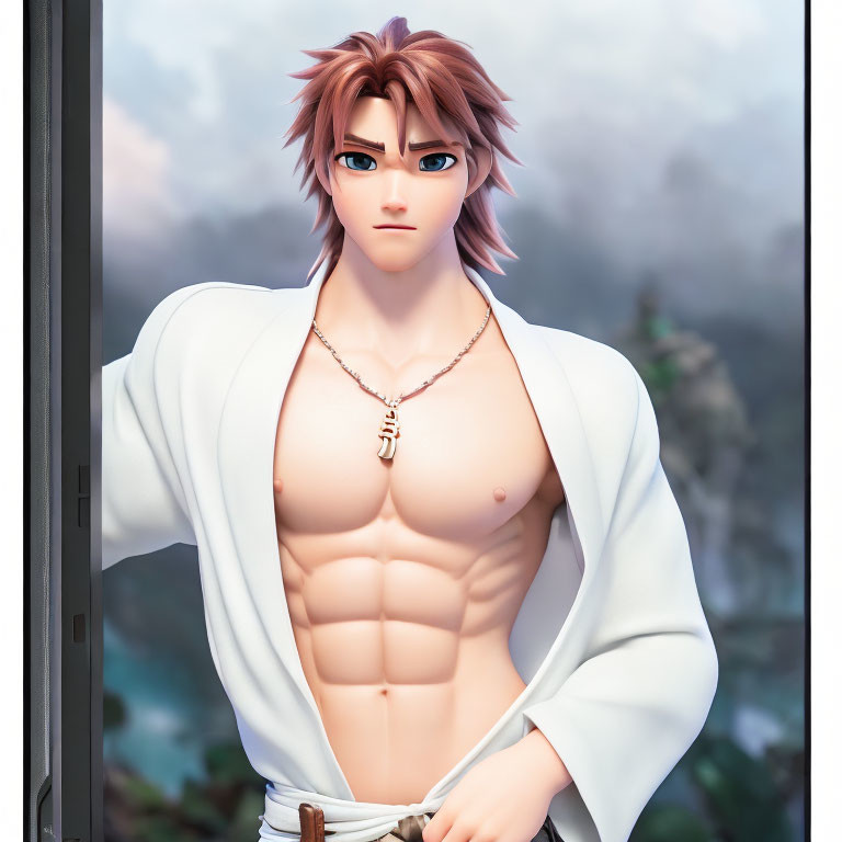 Spiky Brown-Haired Male Character in White Robe and Necklace