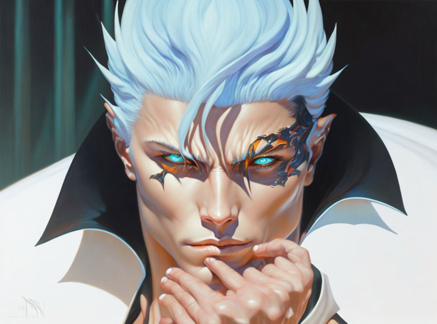 Anime-style character with white spiky hair and golden eyes in black facial markings poses silently.