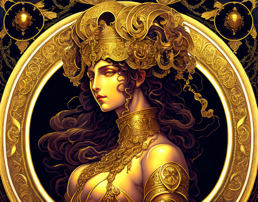 Elaborate Golden Headdress and Jewelry on Woman Illustration