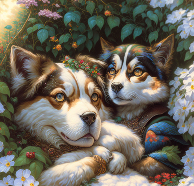 Regal dogs with intricate fur patterns in a fantasy setting