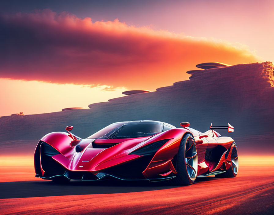 Red and Black Futuristic Sports Car on Sunset Sky with Clouds