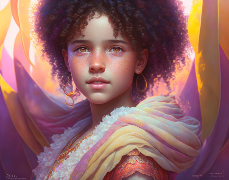 Young girl digital portrait: curly hair, freckles, hoop earrings, colorful attire, soft light