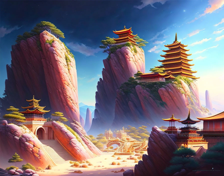 Fantastical landscape with pink cliffs, East Asian pagodas, serene ambiance.