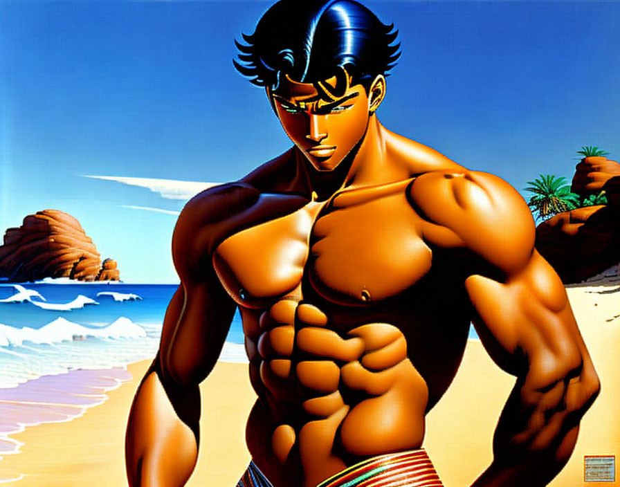 Muscular man with black hair on beach with blue sky and rocky formations