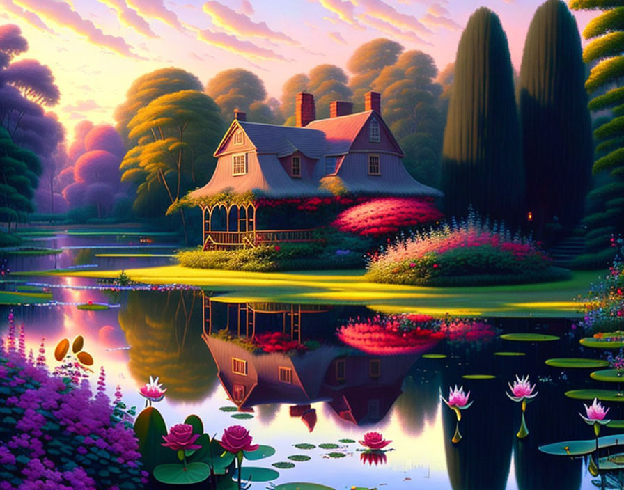 Tranquil pond with cottage, flowers, water lilies, and pink-hued trees at dusk