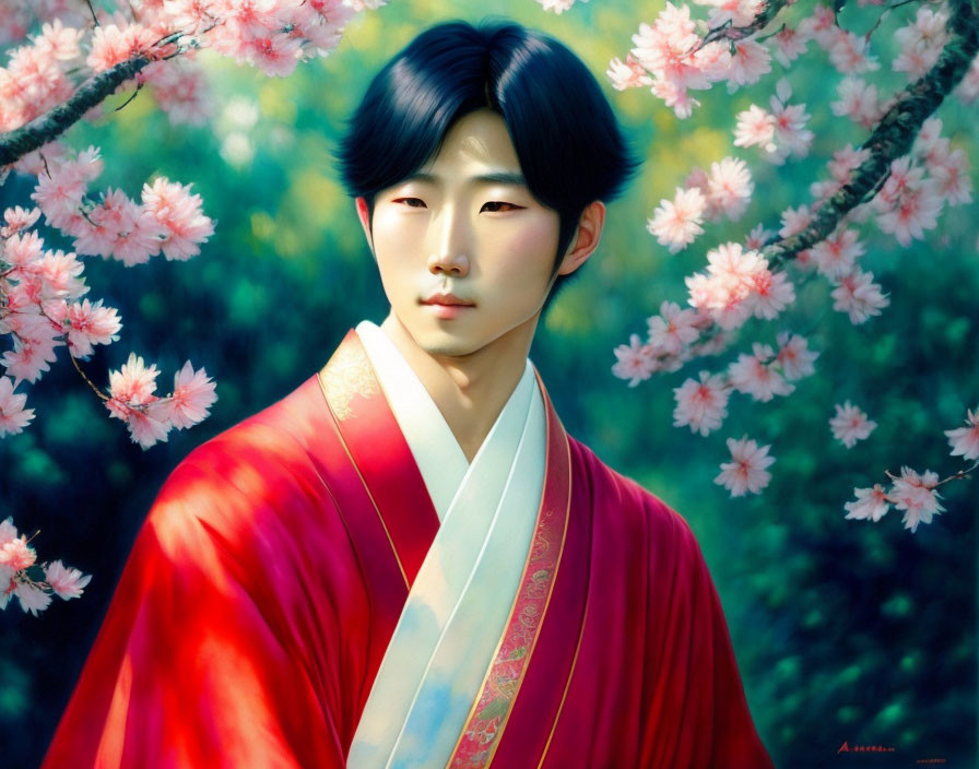 Traditional Korean attire portrait among cherry blossoms