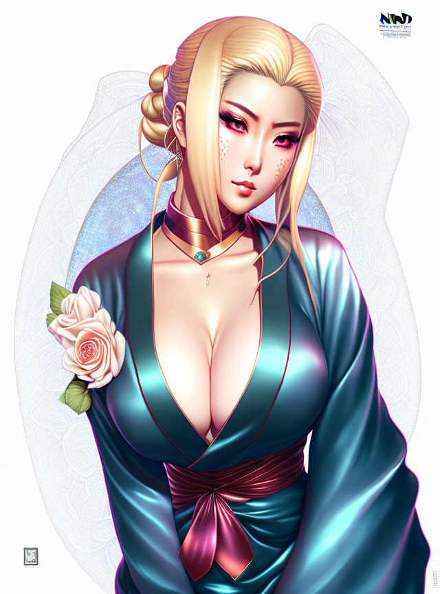 Blonde-haired female character in blue and pink kimono with white rose and bold makeup