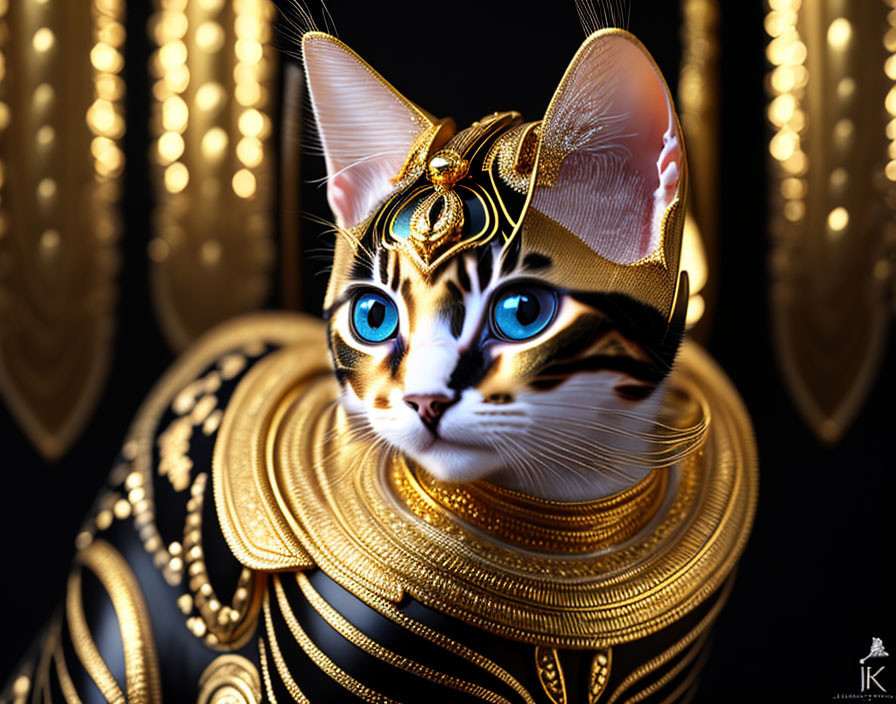 Majestic cat with golden regalia and blue eyes on dark background