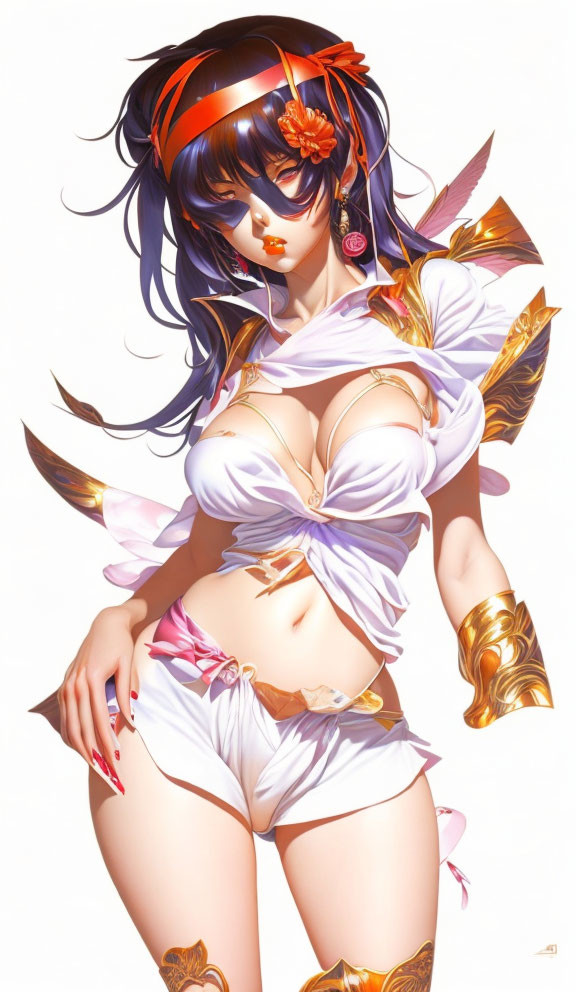 Dark-haired woman in anime-style illustration with red headband and white-gold outfit