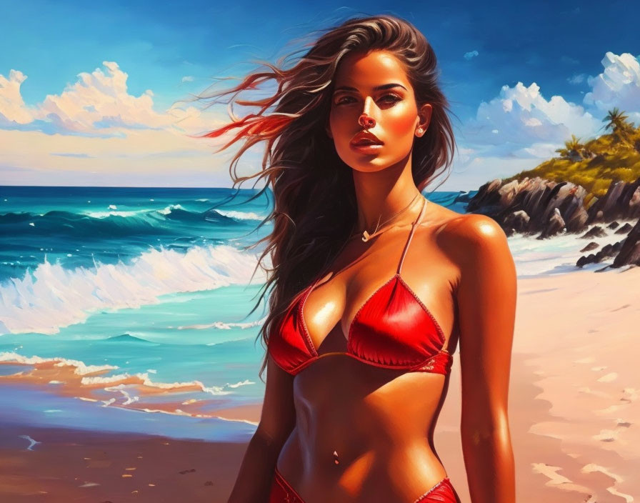 Woman in red bikini on sunny beach with wind-blown hair and crashing waves