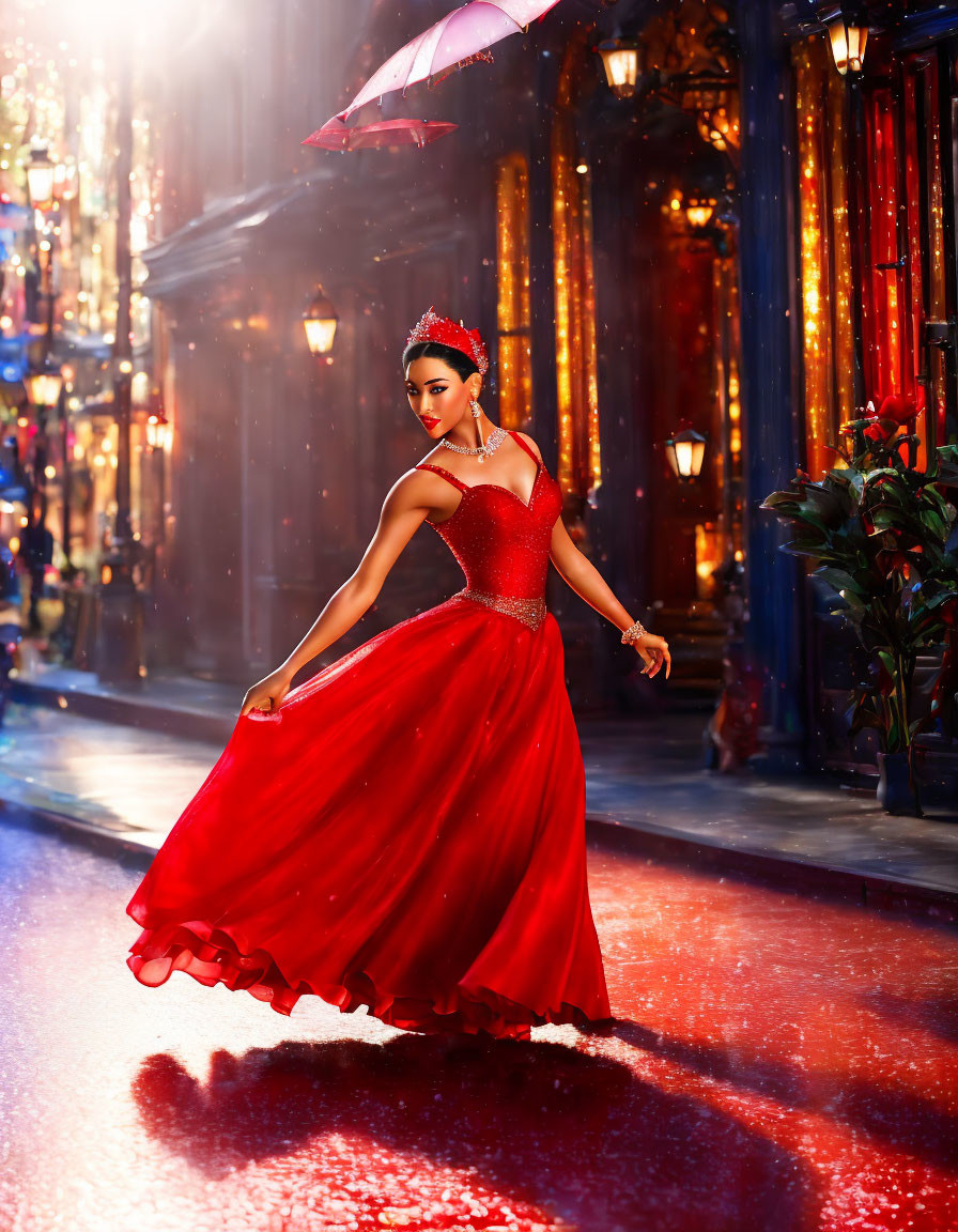 Woman in elegant red dress twirls with umbrella on rain-slicked street at twilight