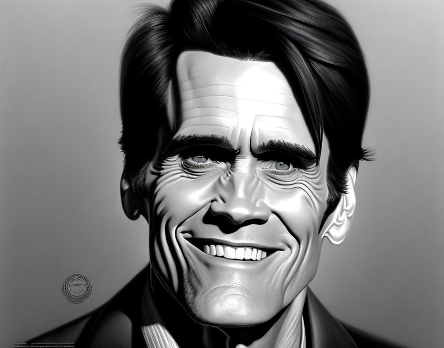 Monochrome caricature of a smiling man with exaggerated facial features