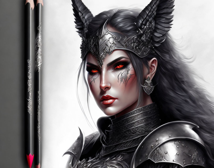 Detailed illustration of fierce warrior woman in silver armor, winged helmet, red eyes, pale skin,