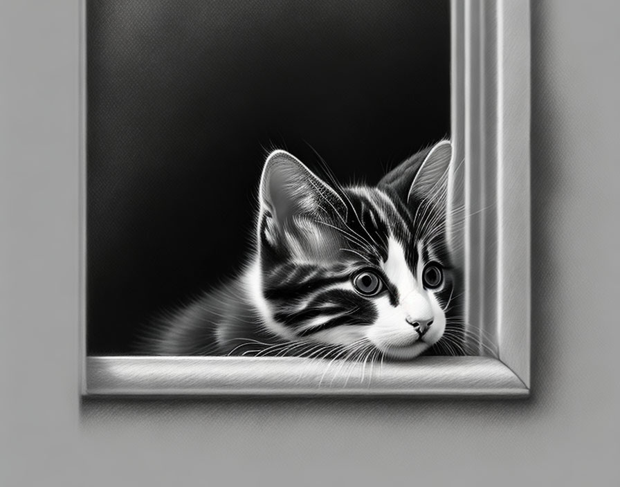 Monochrome photo of striped kitten in dark space with light frame