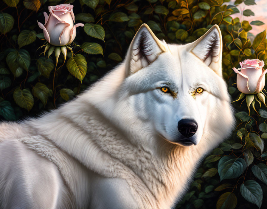 White Wolf with Yellow Eyes in Forest with Pink Roses