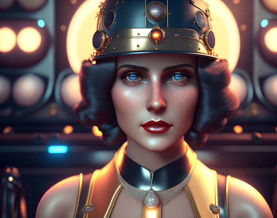 Golden futuristic helmet on stylized female figure in metallic armor against tech panel backdrop