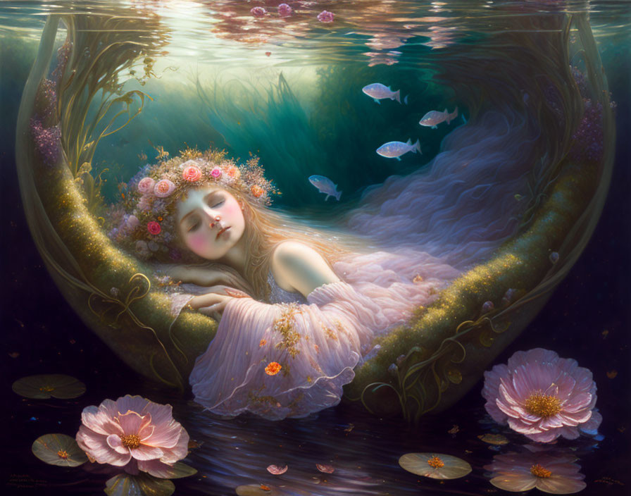 Serene woman with floral wreath floats in water with fish and blossoms