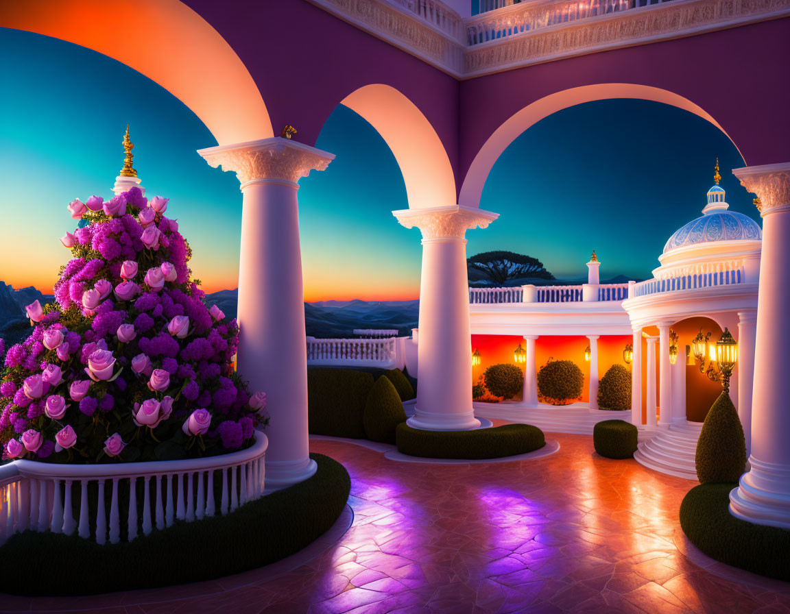 Luxurious Terrace with White Columns and Purple Flowers Overlooking Sunset and Mountains