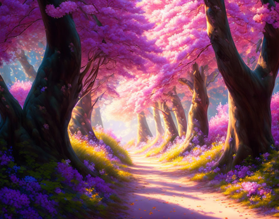 Enchanting pathway with blooming cherry trees under sunlight