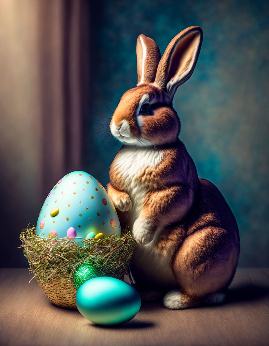 Realistic brown and white rabbit model with colorful egg in nest on textured backdrop